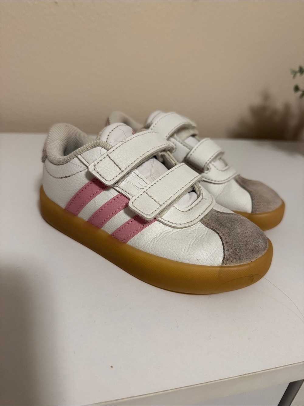 Adidas VL Court White & Pink Velcro Sneakers with Gum Sole